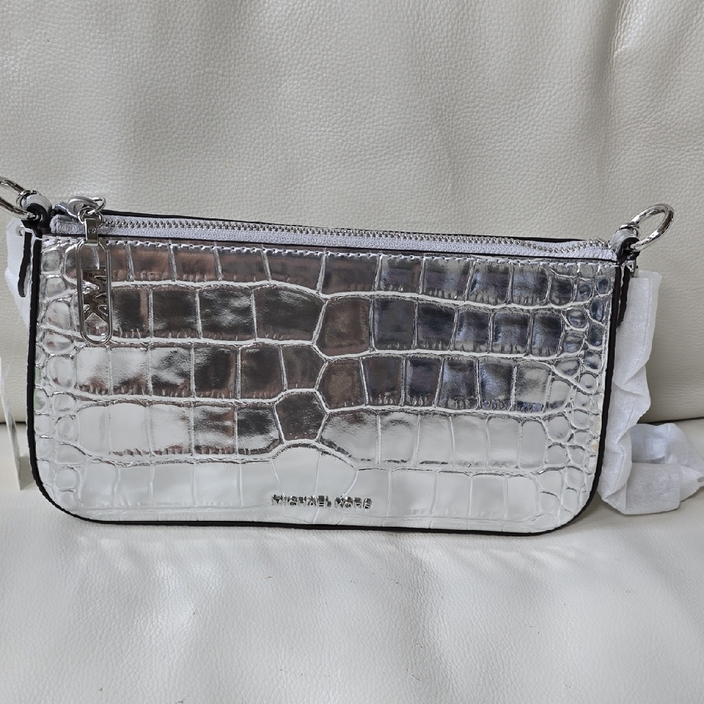 Michael Kors Silver Crossbody Bag with Croc-Embossed Design - Picture 3 of 13